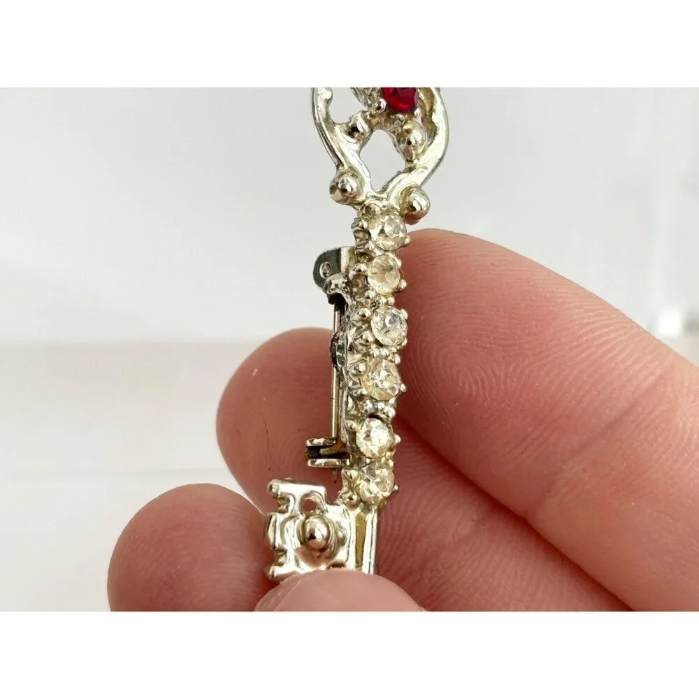 Key Shaped Antique Inspired Rhinestone Gold Toned Vintage Costume Jewelry Brooch